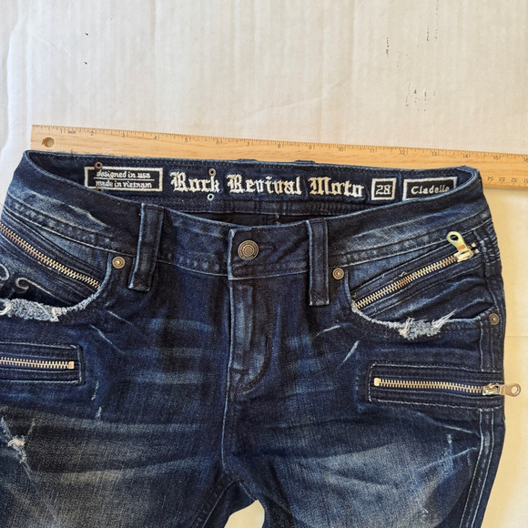 Rock Revival Moto Skinny Jeans Womens Size 28 Dark Wash Distressed Gold Zipper S - Picture 8 of 9